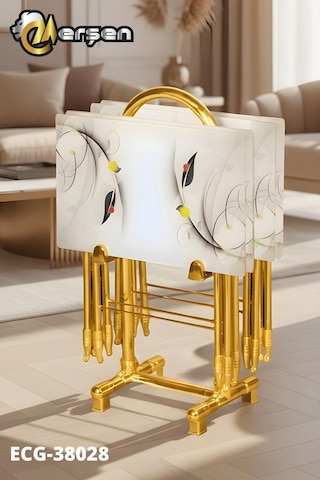 Eranş Serisi 4'lü Katlanır Cam Beyaz Yaprak Desen Çanta Zigon Sehpa Gold Ayak Beyaz Yaprak Desen Gold