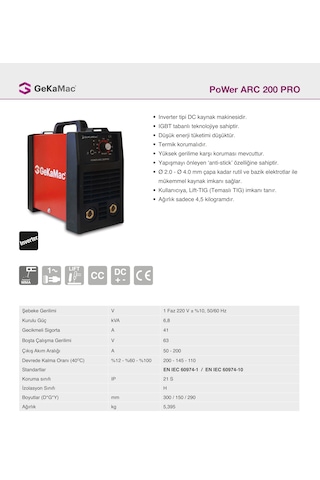 Gekamac Power Arc 200 Pro Inverter Kaynak Makinası + Maske + Elektrod + Fırça