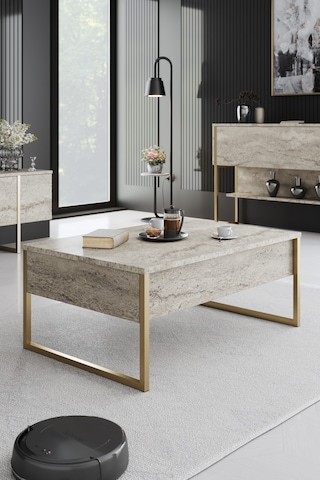 Luxe Gold Demir Ayaklı Traverten Orta Sehpa Traverten - Gold