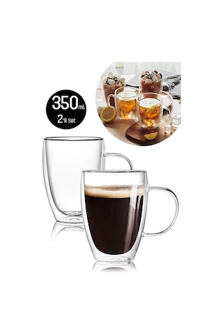Çift Cidarlı Bardak Kupa 350 Ml Ev Ofis Espresso Kahve Çay Fincanı Borosilikat Kulplu Cam Bardak