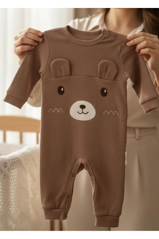 Altıntaş Baby Kulaklı Ayıcık Nakışlı Bereli Erkek Bebek Fitilli Tulum Bej Bej