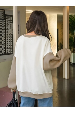 Kadın Beyaz Enough Baskılı Bej Kol Detay Oversize Sweatshirt Bej