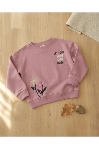 Roya Kız Çocuk Pembe Baskılı Sweatshirt Kışlık Rahat Kesim