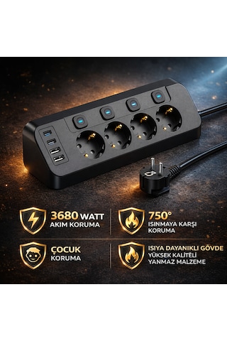 Akım Korumalı 4 Lü Priz 3680w 2 Usb-a + 2 Type-c Bireysel Anahtarlı Aşırı Yük & Isı Korumalı Çoklu Priz 2 M