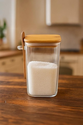 Bambum Spicy - Kaşıklı Cam Saklama Kabı 15cm Bambu