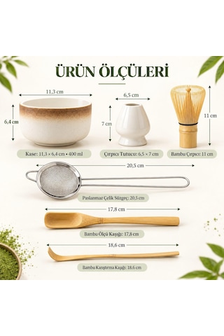 Valkyrie 6 Parça Matcha Hazırlama Seti Bambu Çırpıcı Seramik Kase Süzgeç Ölçü Ve Kaşık Kahve Kahverengi