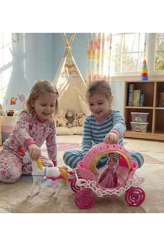 Prenses Oyuncak At Arabası Seti - Taçlı, Altın Detaylı, 25 Cm Uzunluk - Pembe/beyaz 1 Adet