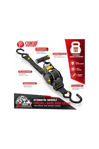 Sunup Sn-37789 3 Metre Otomatik Cırcırlı Bağlama Kayışı Spanzet Kaydırmaz Tutamaklı Dayanıklı Çelik Gövde 230kg