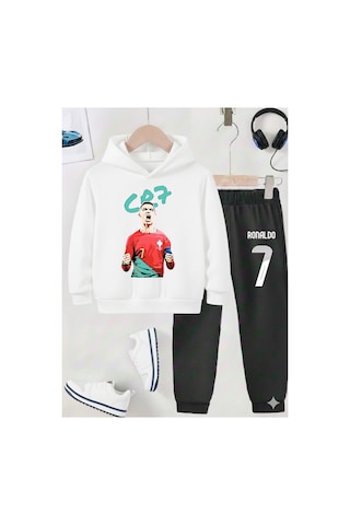 Stil X Ronaldo Baskılı Erkek Çocuk Eşofman Takımı, 3 İplik Şardonlu Kumaş Siyah-beyaz 2