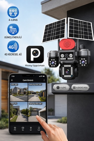 Viva Sim-840 Çift Güneş Panelli 4g Sim Kartlı Kablosuz 4 Lensli Dış Mekan Güvenlik Kamerası 16mp Ptz 96 Gb Sim Kart Dahil