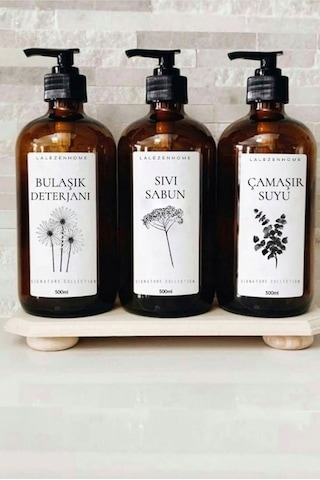 Lalezen Home Sıvı Sabunlukluk Bulaşık Deterjanı Çamaşır Suyu Etiketli Plastik Amber Şişe 500ml