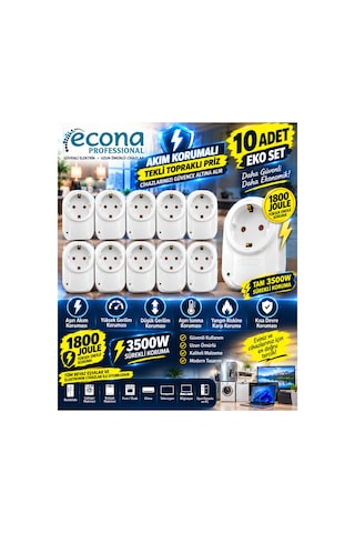 10 Adet--3500w Akım Korumalı Tekli Topraklı Priz 10'lu Eko Set - 1800 Joule Yüksek Gerilim & Aşırı Akım Korumalı Çoklu Paket 0