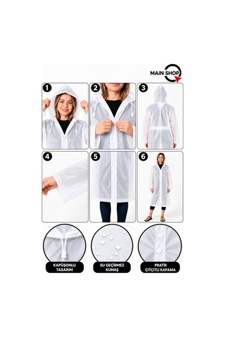 Mainshop Unisex Yağmurluk Kapüşonlu Çıtçıtlı Su Geçirmez Uzun Yağmurluk Kadın Erkek Beyaz