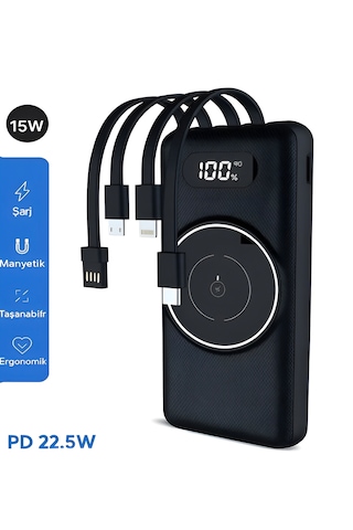 10000mah Pd 22.5w Kablosuz & Kablolu Powerbank Wireless 15w, Usb, Micro & Type-c, İphone Uyumlu Siyah - Siyah