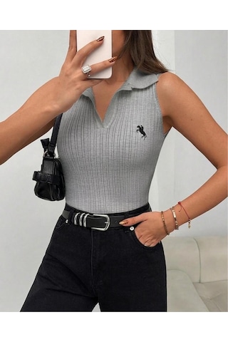 Luxetıque Açık Polo Yaka Triko Gri