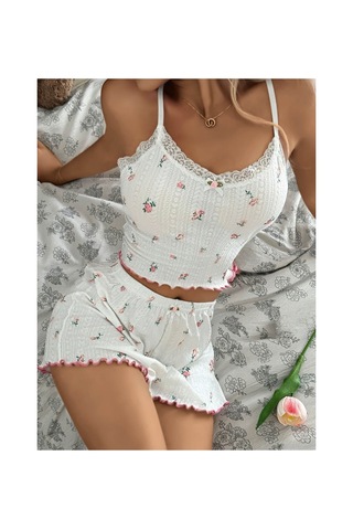 Mr Owl Kadın Beyaz Çiçek Desenli Dantel Askılı Şortlu Pijama Takımı