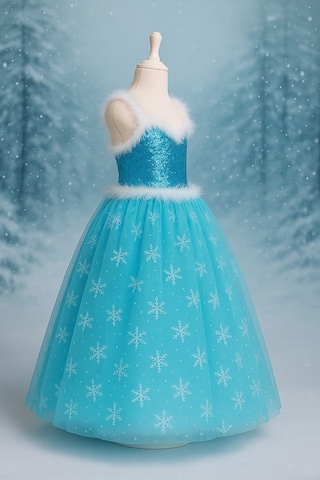Parti Selesi Kız Çocuk Askılı Tarlatanlı Taç Asa Eldiven Hediyeli Mavi Elsa Elbise Frozen Mavi