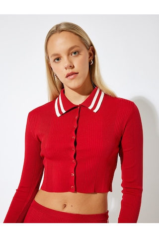 Koton Polo Yaka Biyeli Düğmeli Dokulu Slim Fit Hırka Kırmızı 5wal90087ıt Kırmızı