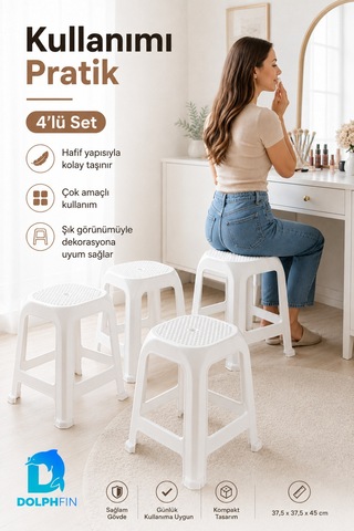 Magnum 4 Lü Plastik Tabure Seti 45 Cm Dayanıklı Kompakt Beyaz