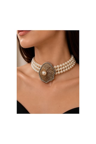 Zirkon Taşlı Choker İnci Kolye Deniz Kabuğu Figürlü Beyaz