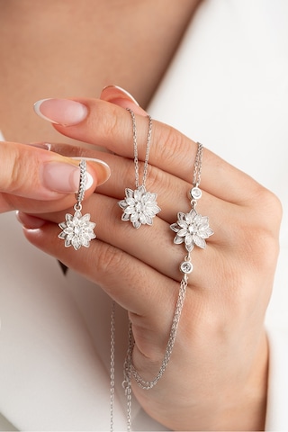 Çekirdekjewelry 925 Ayar Gümüş Lotus Çiçek Takı Seti Taşlı Kolye, Küpe Ve Bileklik Gri