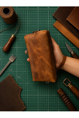 Vintage Leather Craft Hakiki Deri Erkek Çantası Açık Kahverengi - Taba