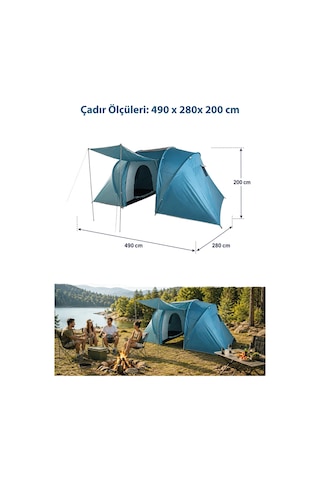 Walke 6 Kişilik Çift Bölmeli Aile Kamp Çadırı Su Geçirmez Polyester 490 X 280 X 200 Mavi