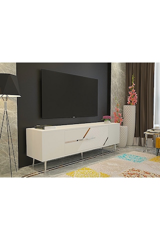 Ufa Tv Sehpası Tv Ünitesi 150 Cm Beyaz Gümüş