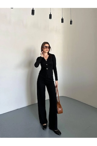 Kadın Siyah Düğmeli Fitilli İkili Takım