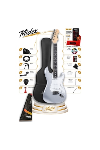Midex RPH-30SL Gül Klavye Silver Strat Kasa SSS Elektro Gitar Seti