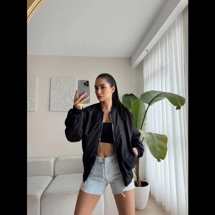 Buğrahayalin Unisex İçi Astarlı Düz Bomber Ceket - Siyah Siyah