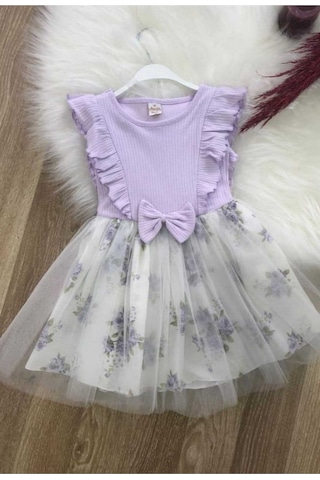 Retro Women Kız Çocuk Mor Lila Pamuklu Çiçekli Tütülü Doğum Günü Özel Gün Abiye Günlük Prenses Elbise Mor