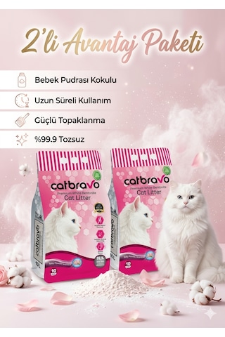 Catbravo Doğal Bentonite- Süper Topaklanan Bebek Pudrası Kokulu Kedi Kumu 10 Lt X 2 Adet Catbravo Doğal Bentonite- Süper Topaklanan Bebek Pudrası Kokulu Kedi Kumu 10 Lt X 2 Adet