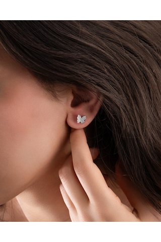 Roza Silver 925 Ayar Rodyum Zirkon Taşlı 3 Boyutlu Kelebek Çivili Gümüş Küpe Re10217