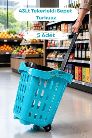 5 Adet - 43 Lt Tekerlekli Market Sepeti Plastik Alışveriş Sepeti Ergonomik Çift Saplı Turkuaz