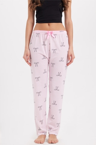Tudors Kadın Regular Fit Klasik Kesim Viskon Beli Lastikli Fiyonk Detaylı Baskılı Pembe Pijama Altı-51005