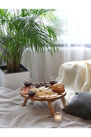 Ahşap Şarap Kadeh Dekoratif 4 Kişilik Servis Sunum Tepsisi Ahşap