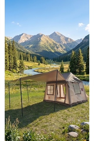 Shufa 260 220 200 Cm Otomatik Şişme Kamp Çadırı, Yağmur Brandası Ve 330 270 Cm Bağlantılı Gölgelik Dahil, 2 Büyük Şeffaf Tavan Pencereli, Aile Outdoor Kamp Çadırı Bej