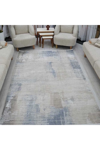 Otantik Modern Eskitme Saçaklı Dokuma Salon Halısı Krem Mavi Vizon 200x290 Cm 11