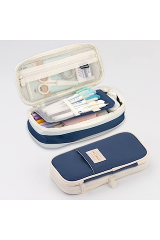 Angoo Macaron Çift Katmanlı Geri Çekilebilir Büyük Kapasiteli Kalem Kutusu Kırtasiye Kutusu Koyu Mavi