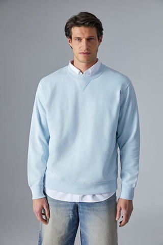 Grımelange Bonell Erkek %100 Pamuk Relaxed Bisiklet Yaka Uzun Kollu Açık Mavi Sweatshirt Açık Mavi
