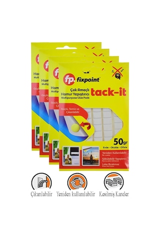 Hamur Yapıştırıcı Tack-it 50gr 4 Paket Fixpoint 65 Parça Macun Sakız Yapıştırıcı Takıt Çerçeve Afiş Duvar İz Bırakmaz