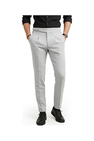 Deepsea Erkek Gri Likralı İtalyan Kesim Pileli Kemer Tokalı Şık Kumaş Pantolon 2601020 Gri