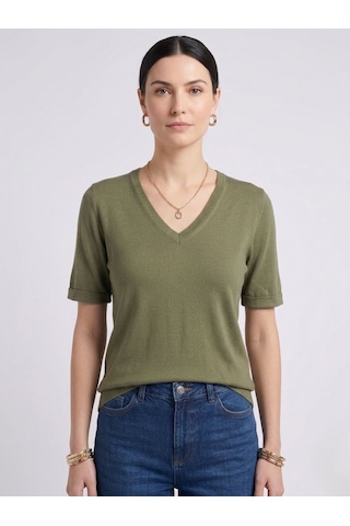 Neden Tekstil Kadın V Yaka Kısa Kollu Basic T-shirt - Yeşil