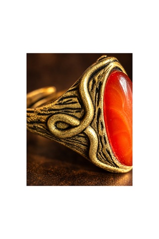 Esoo Jewelry Yılan Figürlü Akik Taşlı Ayarlanabilir Yüzük Antik Pirinç Unisex Gold