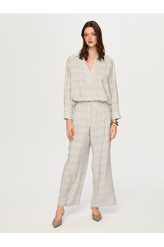 Faik Sönmez Wide Leg Fit Çizgili Dokuma Pantolon S26pnt019 Us26pnt01973 Ekru