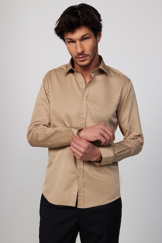 Tudors Modern Slim Fit Uzun Kollu Düz Saten Pamuklu Erkek Krem Gri Gömlek-23059 Krem