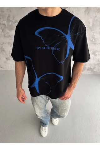 Modi Unisex Bisiklet Yaka Baskılı Oversize T-shirt - Siyah - Mymg180610