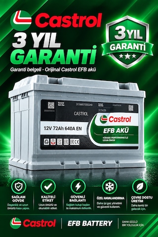 Castrol 12v 63 Ah Amper 600a En Efb Start-stop Akü L2 Kasa Üretim Yılı: 2026