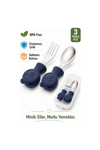 Jojobebek Kaşık Çatal Seti, Ergonomik Kısa Saplı Silikon, Paslanmaz Çelik Uçlu, Saklama Kutulu, (9-24 Ay) (LACİVERT)